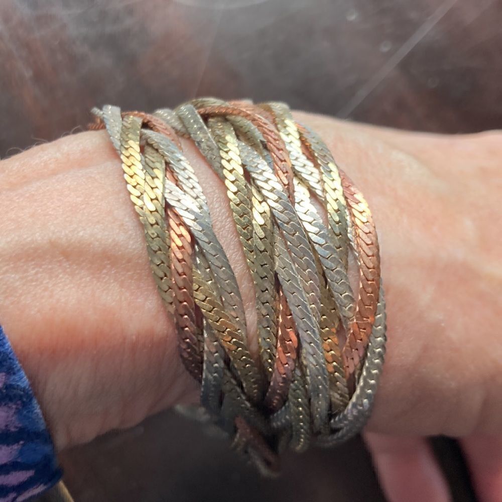 Vintage Herringbone flat chain rose silver gold tone braided statement necklace - Picture 2 of 8